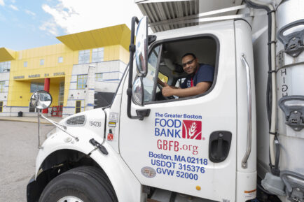 A GBFB truck arrives for delivery to Orchard Gardens K-8 Pilot School